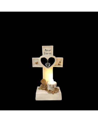 MARFINITE- BASE C/CRUZ BRANCO/OURO C/VELA LED 23CM